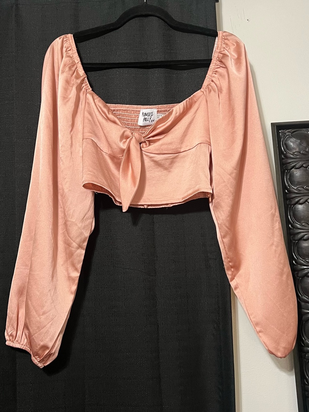 Princess Polly Satin Tie-Front Long Sleeve Crop Top in Peach
